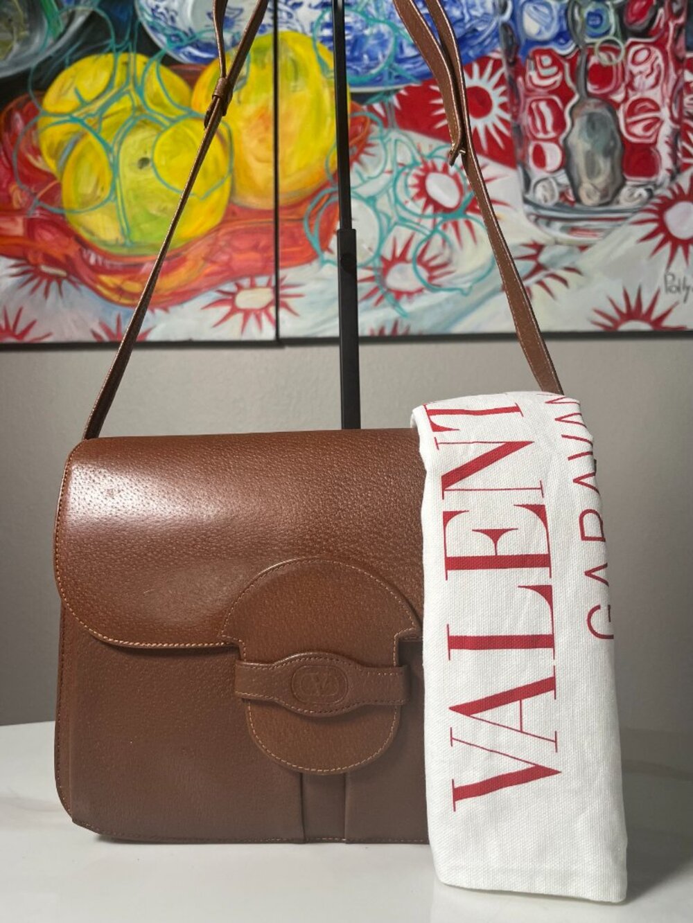Valentino Garavani V Logo Brown Leather Vintage Shoulder Crossbody + Dusty